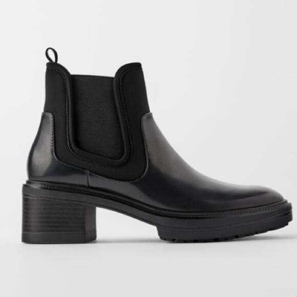 ZARA Chelsea Ankle Boots with Chunky Heel Lug Sole Technical Fabric Black US 6 - Picture 1 of 8